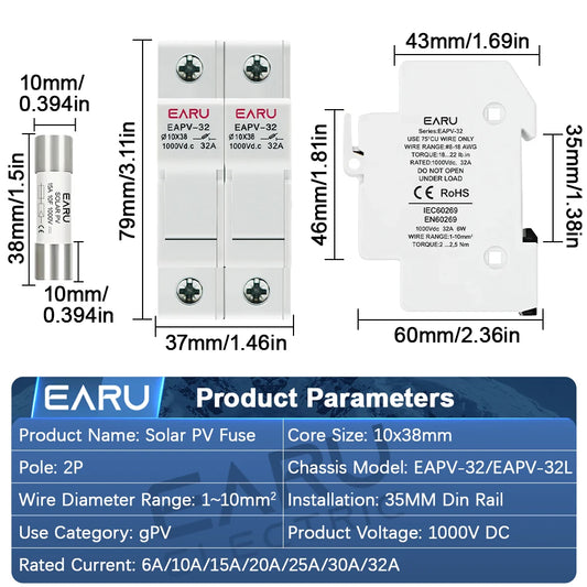 Un ensemble de 2 porte-fusibles CC parallèles 10*38mm haute tension solaire PV 1000V 6A-32A protection de système photovoltaïque de base gpV