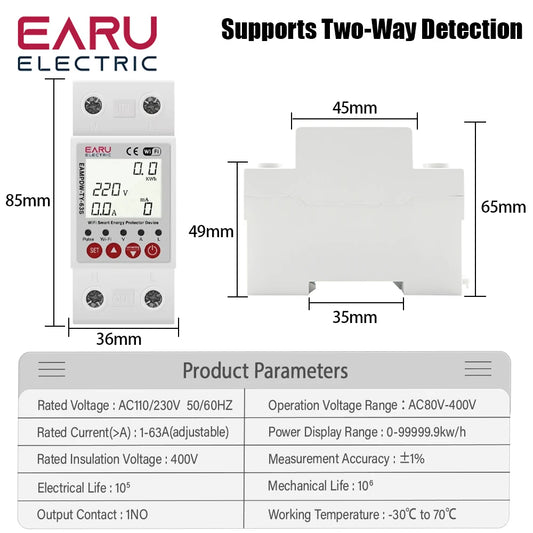 63A Tuya Smart WiFi Circuit Breaker Switch BI-Direction Measuring Earth Leakage Over Under Voltage Protector Energy Power Meter by 54 Energy - Renewable Energy Store