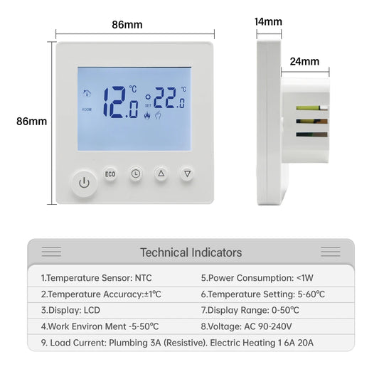 AC90V-240V 3A 16A Water Electric Floor Heating TRV House Room Thermostat Temperature Controller Digital LCD Display Wall Mounted by 54 Energy - Renewable Energy Store