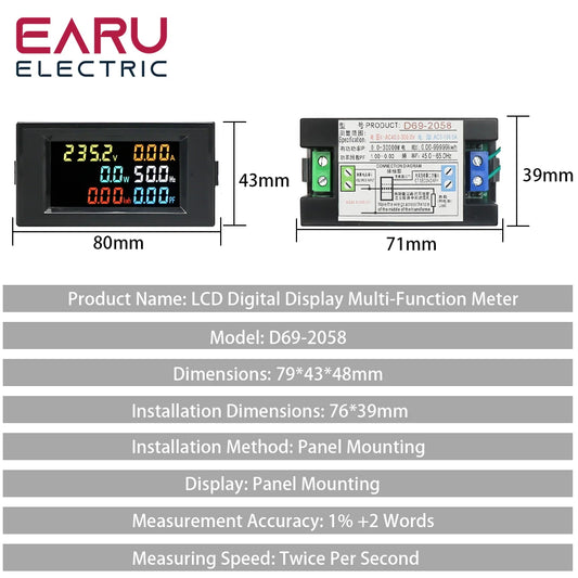 D69-2058 AC Power LCD Digital Voltage Current Power Voltmeter Ammeter KWH Panel Meter Electric Energy Consumption Monitors 100A by 54 Energy - Renewable Energy Store