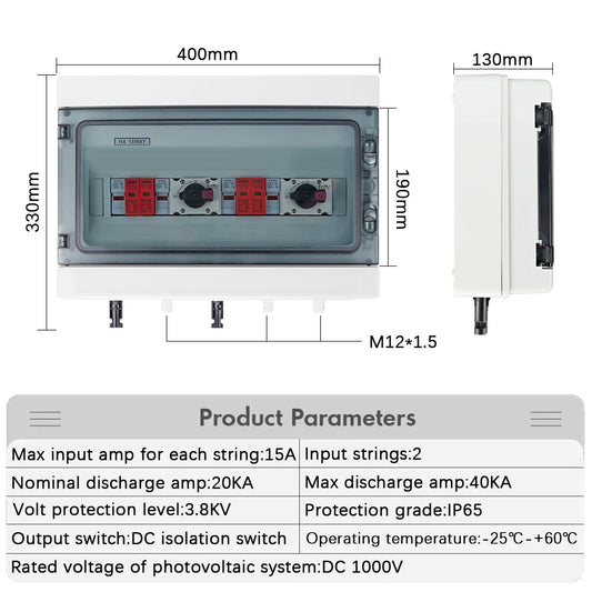 DC 1000V 2 Input 2 Output Solar Photovoltaic PV Combiner Box With Surge Lightning Protection DC Fuse MCB SPD Waterproof Box IP65