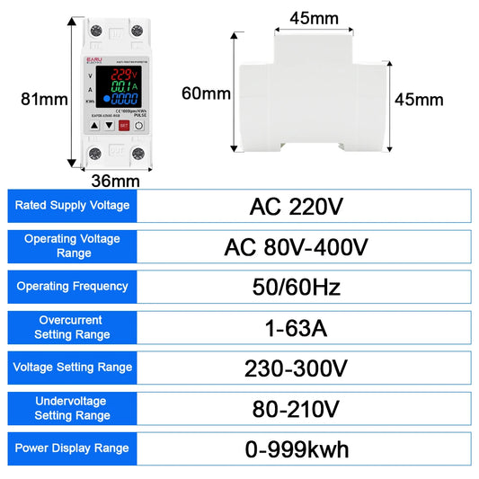 Din Rail Dual Display Adjustable Over Voltage Current and Under Voltage Protective Device Protector Relay 63A 220V 230V KWH by 54 Energy - Renewable Energy Store