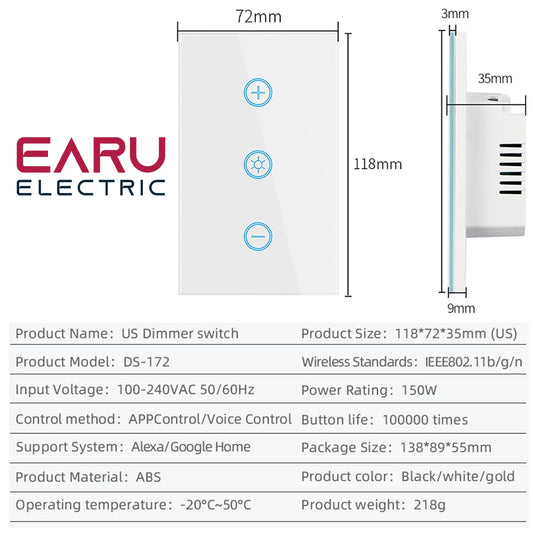 EU US WiFi Smart Glass Panel Wall Touch Switch Dimmer Switch by Smart Life Tuya APP Remote Control for Amazon Alexa Google Home by 54 Energy - Renewable Energy Store