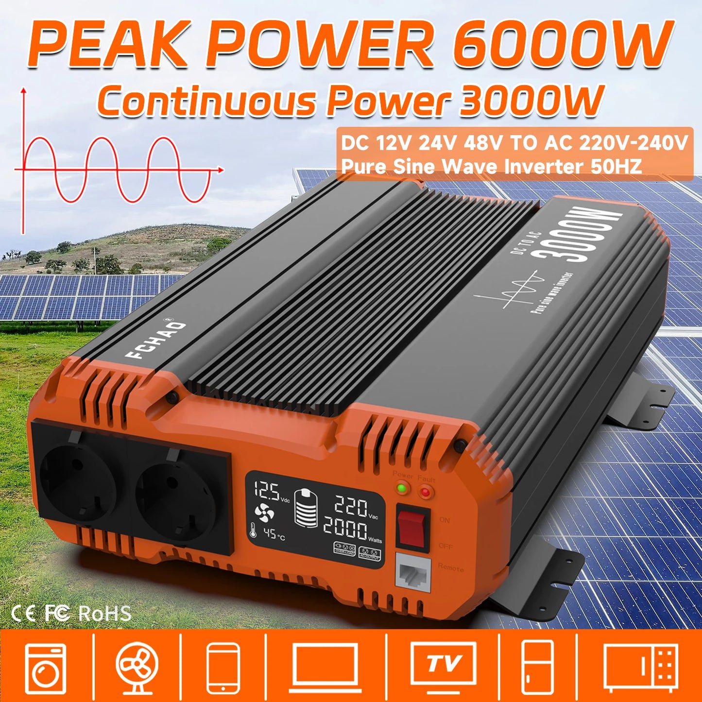 Pure Sine Wave Inverter 1200 - 3000 W DC 12/24/48V To AC 220/240V 50HZ by 54 Energy - Renewable Energy Store