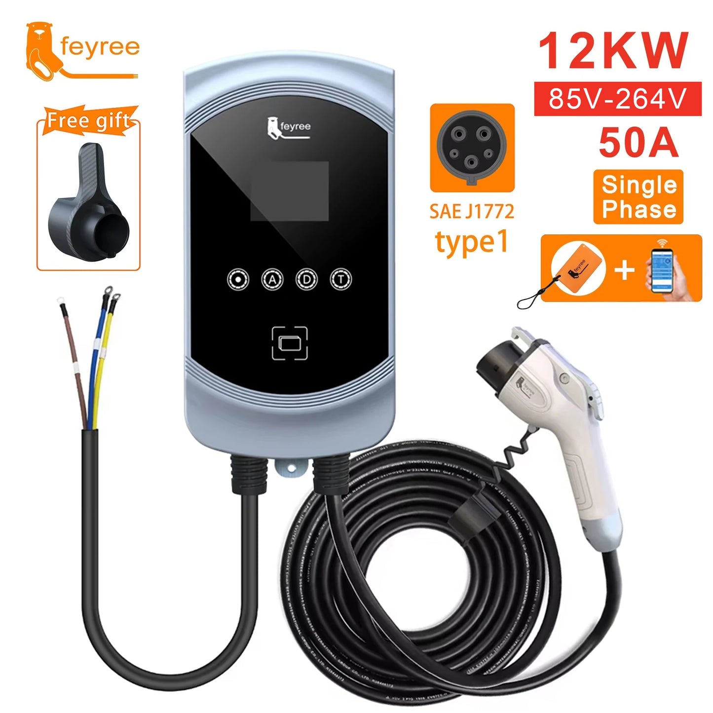feyree EV Charger Type1 Cable j1772 Socket 32A 40A 50A Single Phase EVSE Wallbox Charging Station APP Control for Electric Car by 54 Energy - Renewable Energy Store