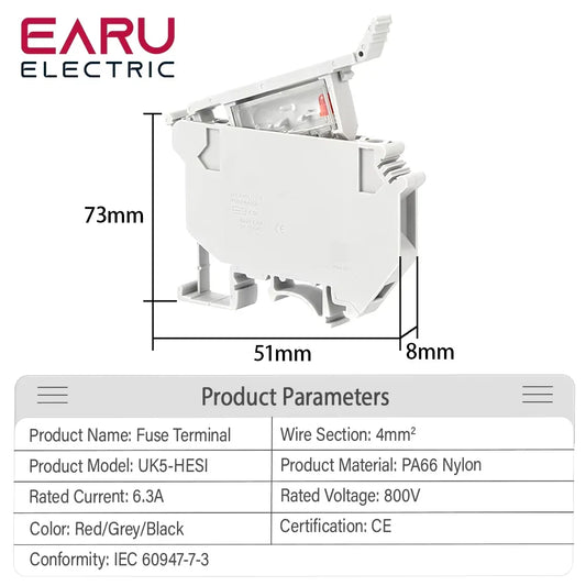 10Pcs/Lot Din Rail Terminal Blocks UK-5-HESI Black Connector Screw Fuse Terminal Block Connector Screw Fuse Holder Conductor