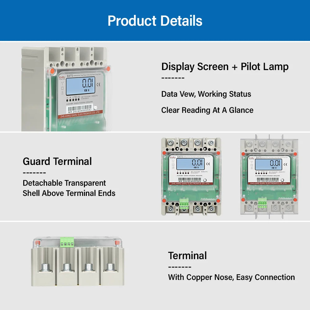 Three Phase 4 Wires 300A 3*220V/380V Multifunctional Direct Wiring High Load Power Energy Meter Monitor Backlight Display RS485