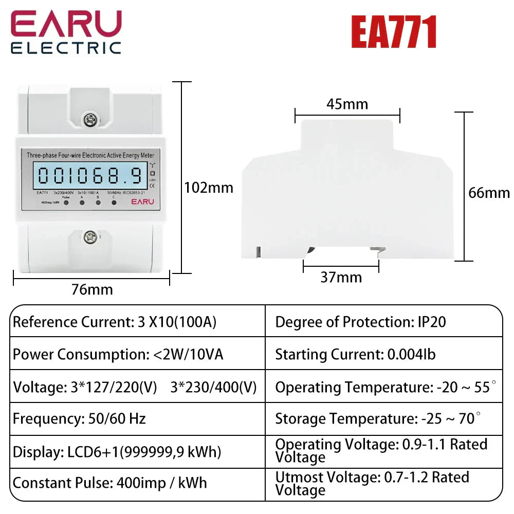 Three Phase Four Wires Eelectronic Active Energy Meter kWh Power Consumption Monitor DIN Rail 50/60Hz 3*5(100)A 50/60Hz LCD LED