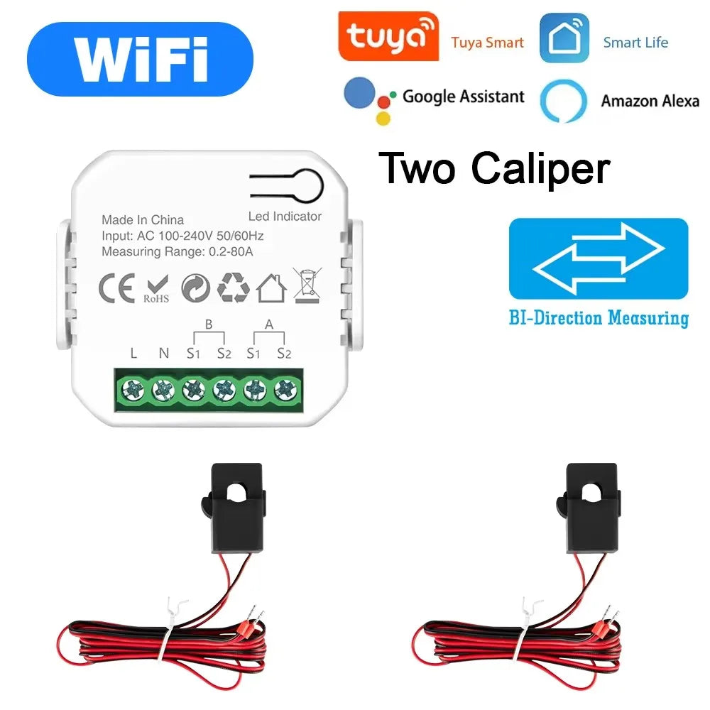 Tuya Smart WiFi Energy Meter with 1/2 CT Clamps for Solar PV System Power Production Consumption Bidirectional Monitoring Meter