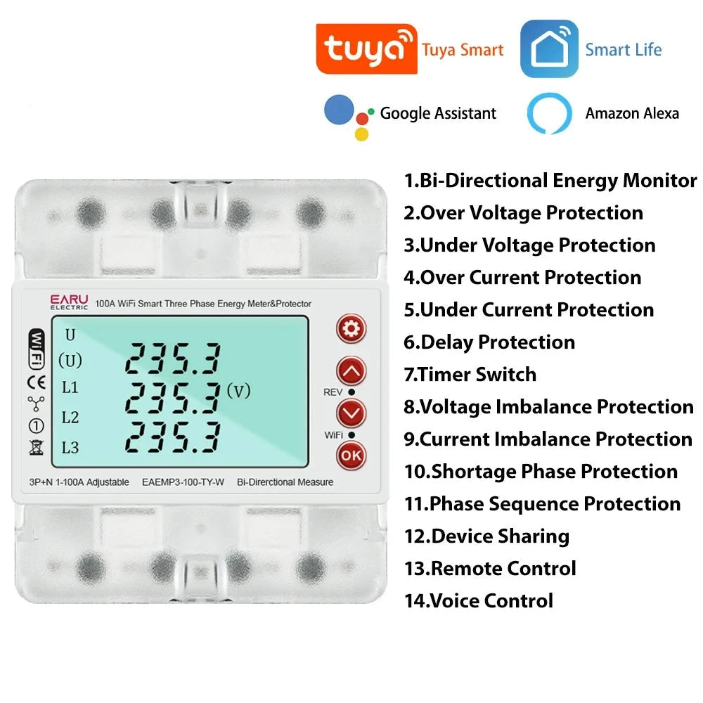 Phase 380V 100A Tuya WiFi Smart Bi-Directional Energy Power kWh Mete