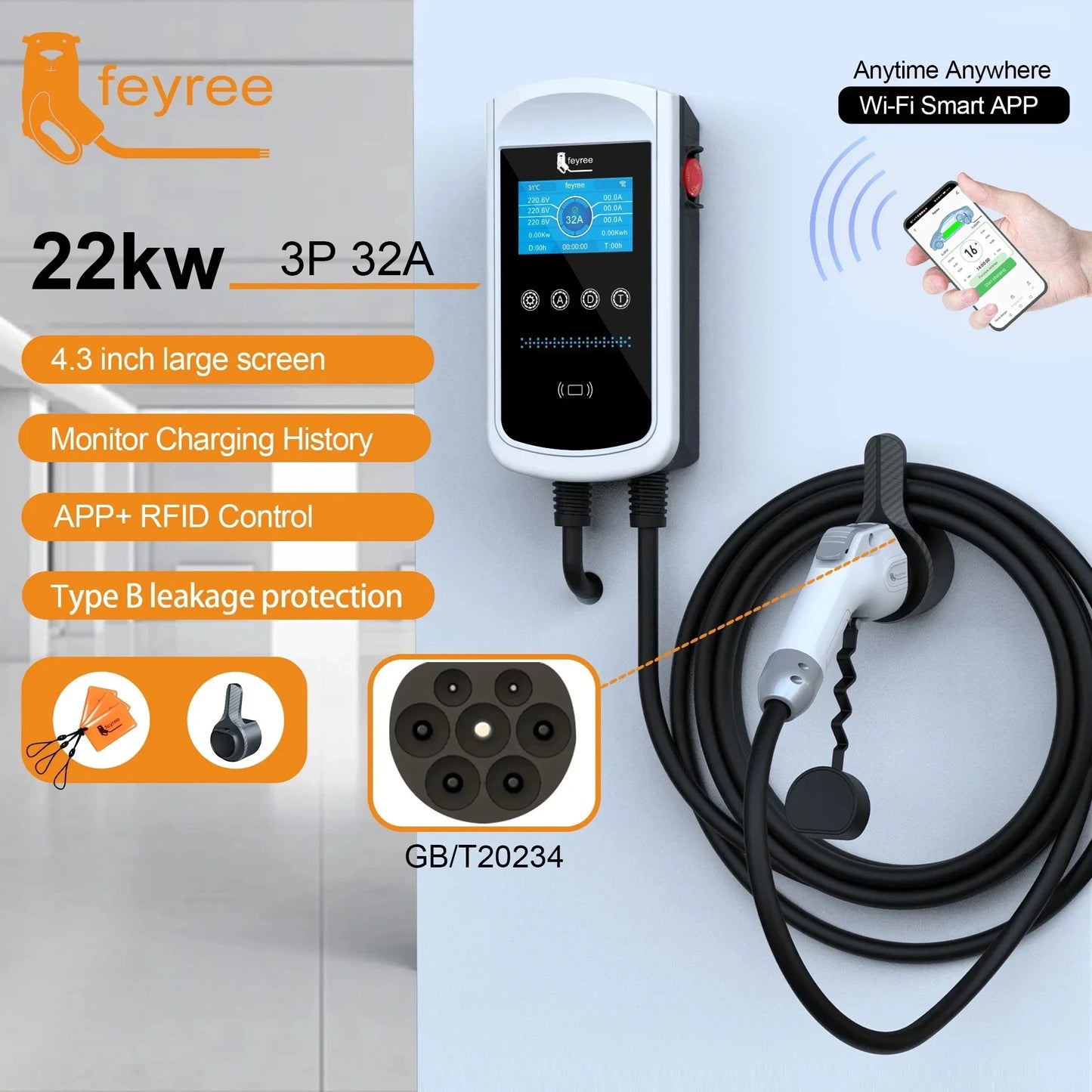 feyree GB/T Socket EV Charger 7.6kw 32A Wallbox 4.3 inch Big Screen APP Charge History Record 11kw 22kw 3 Phase Charging Station by 54 Energy - Renewable Energy Store