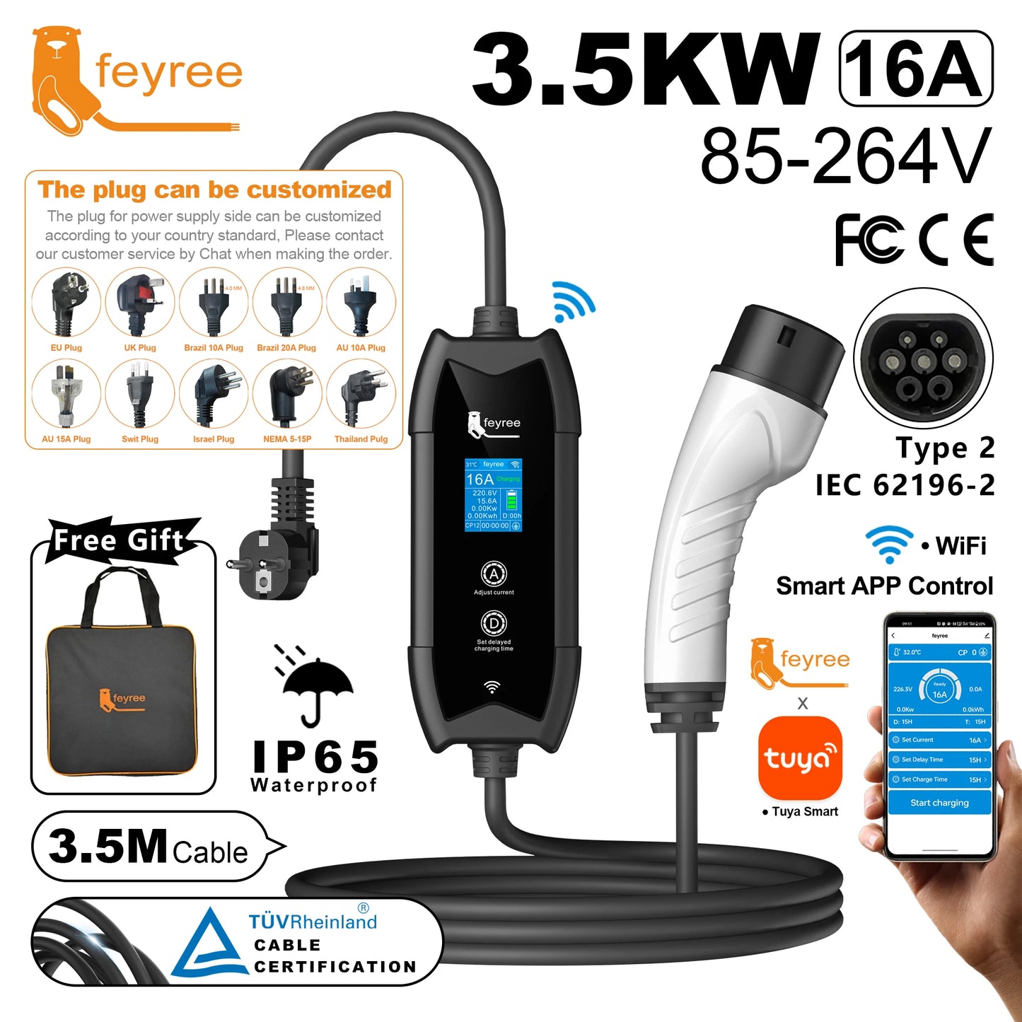 feyree Portable EV Charger Type2 IEC62196-2 EVSE Fast Charging 3.5M Cable EVSE Wallbox WiFi APP Bluetooth Wireless Control by 54 Energy - Renewable Energy Store