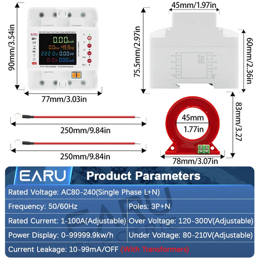 Three Phase Tuya WiFi Smart Bidirectional Energy Power kWh Meter Leakage Over Under Voltage Protector Relay Switch Current Limit