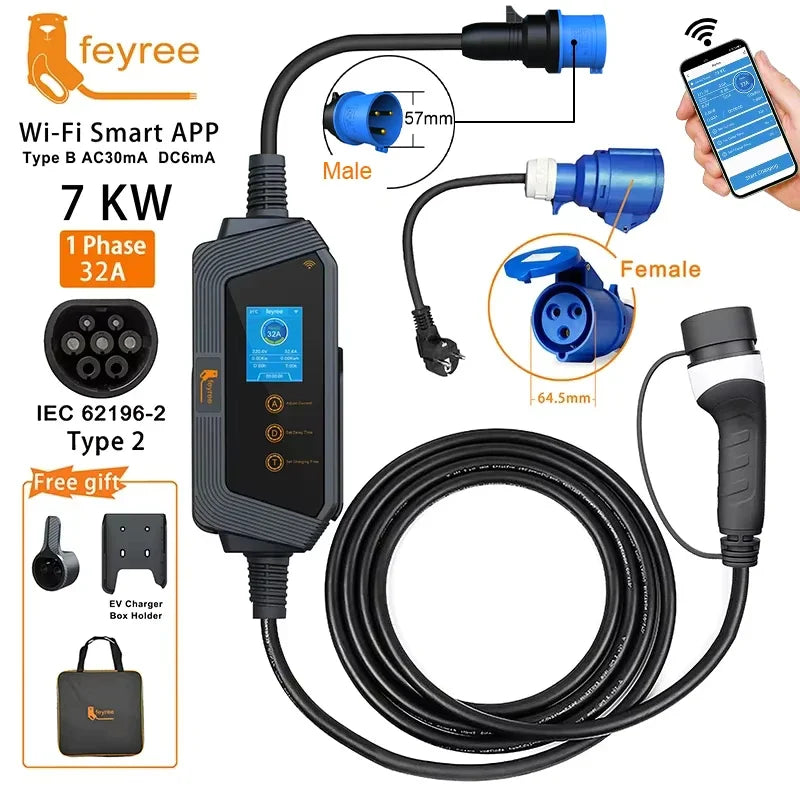 feyree Portable EV charger Type2 32A 7KW Fast Charging for Electric Vehicle APP Wi-Fi Control by Setting Current & Charging time by 54 Energy - Renewable Energy Store