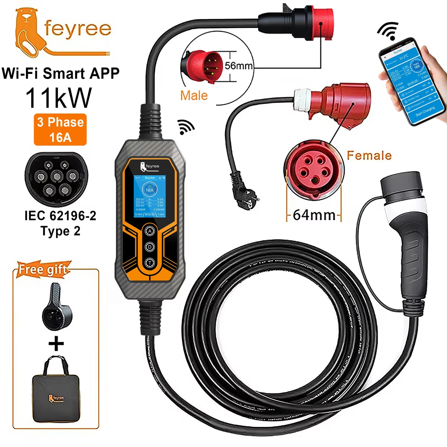feyree Type2 11kW 16A 3 Phase Portable EV Charger Wi-Fi APP Bluetooth Version EVSE Charging Cable 5m CEE Plug for Electric Car by 54 Energy - Renewable Energy Store