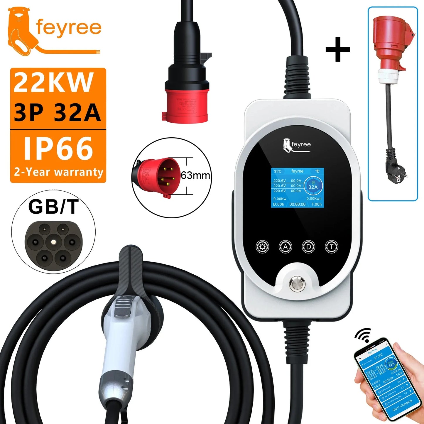 feyree 22KW 32A 3Phase GB/T Portable EV Charger Fast Charger Charging Station Smart Wi-Fi APP Control for Electric Car Charger by 54 Energy - Renewable Energy Store