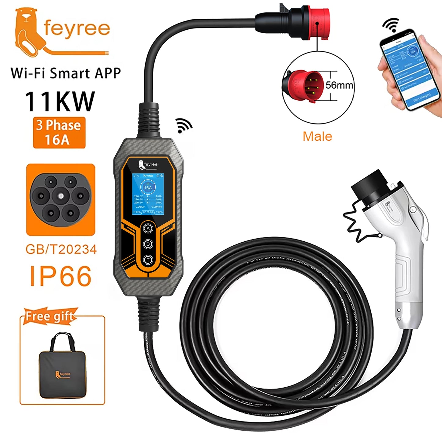 feyree GB/T 11KW 16A 3Phase Portable EV Charger Smart APP WIFI Version 5m Cable Gift Bag for Electric Vehicle Charging Station by 54 Energy - Renewable Energy Store
