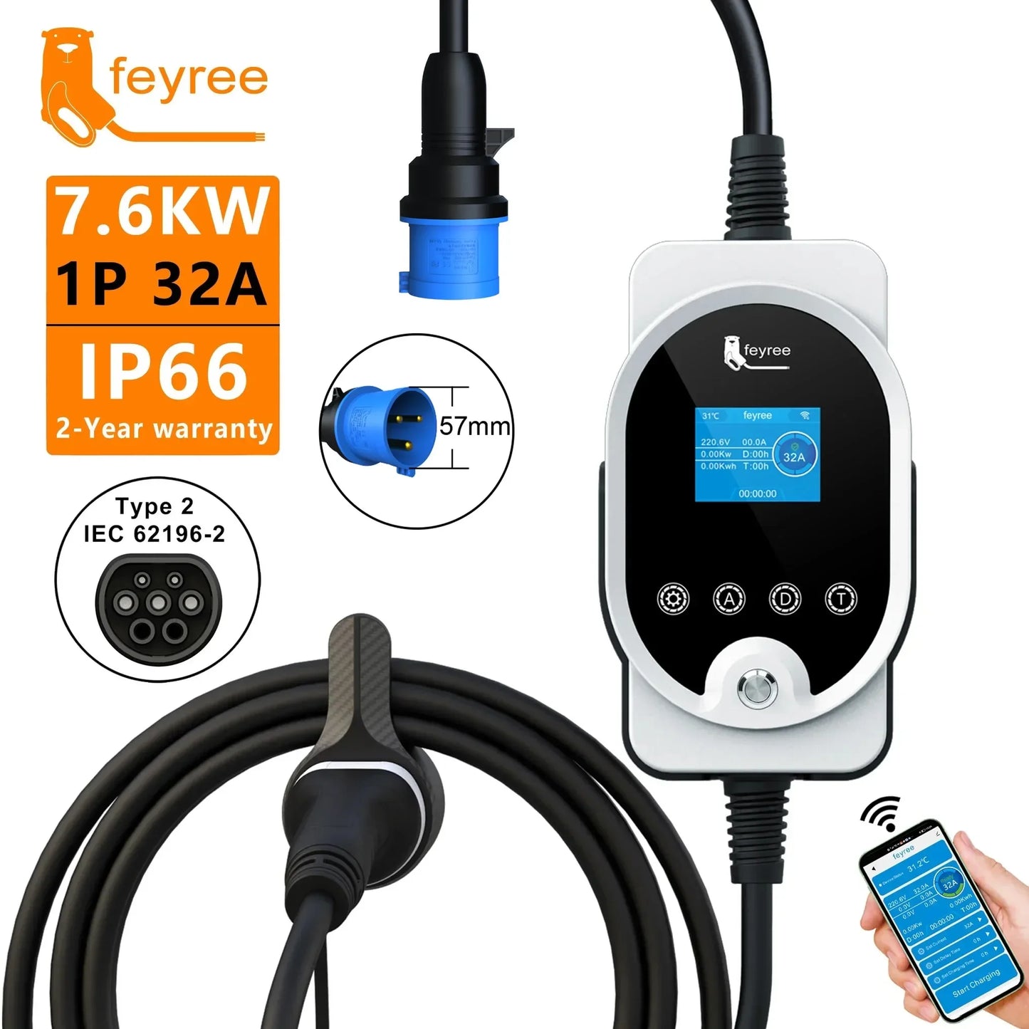 feyree Type2 7KW 32A 1P APP Wi-Fi Control Setting Current & Charging Time Type1 / GBT / TS-NACS Plug by 54 Energy - Renewable Energy Store