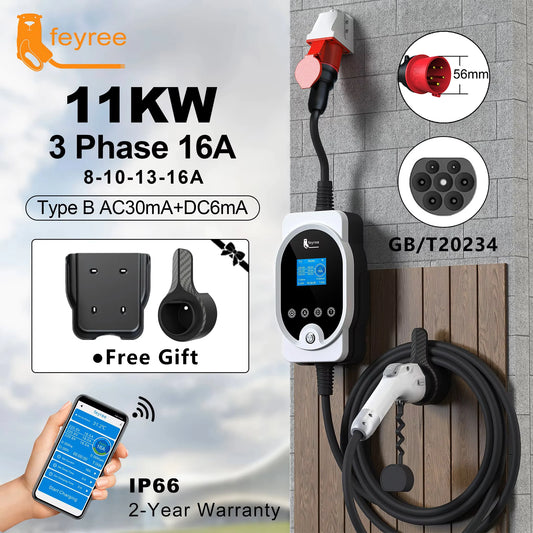 feyree GB/T EV Charger 11KW 16A 3Phase EVSE Wallbox APP WIFI Control EV Charging Station 5m Cable CEE Plug for Electric Vehicle by 54 Energy - Renewable Energy Store