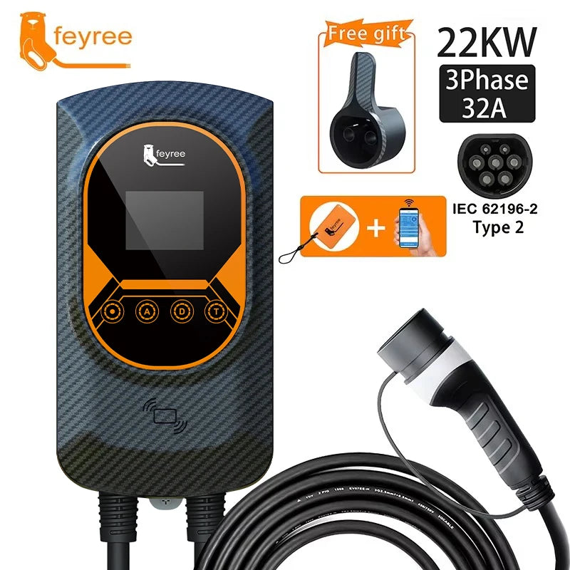 feyree EVSE Wallbox 7.6KW 11KW 22KW EV Charging Station 32A Electric Vehicle Car Charger Wallmount Type2 Cable APP WIFI Control by 54 Energy - Renewable Energy Store