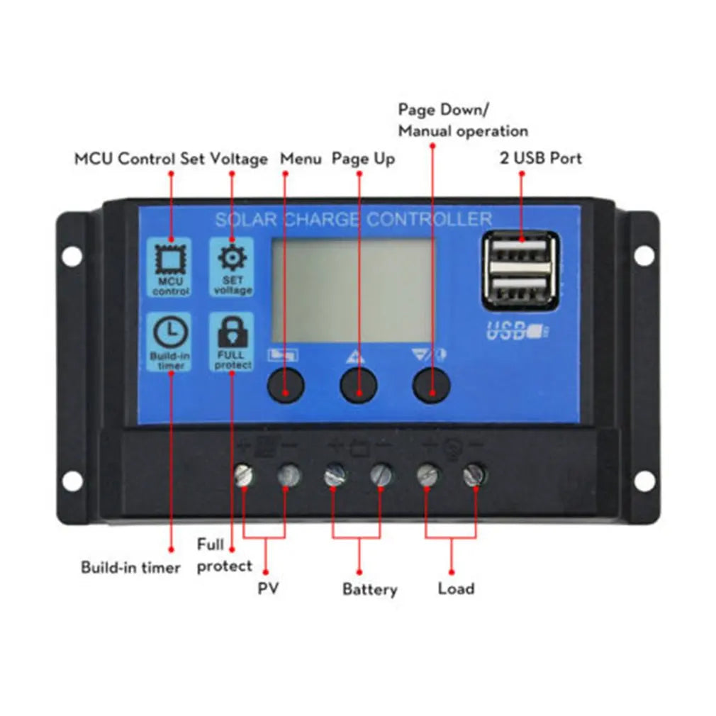 FLTXNY 12V 24V Auto Recognition Solar Panel PV Regulator Battery Charger PWM Solar Charge Controller LCD Dualusb 5V Output