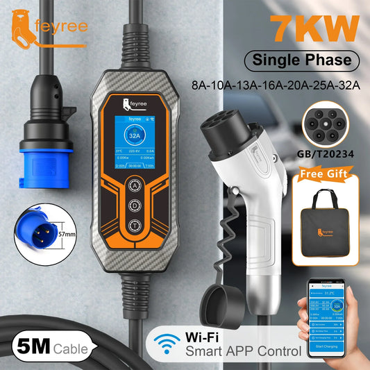 feyree GB/T Cord 32A 7KW 1Phase Smart APP WiFi Control Bluetooth Version by 54 Energy - Renewable Energy Store