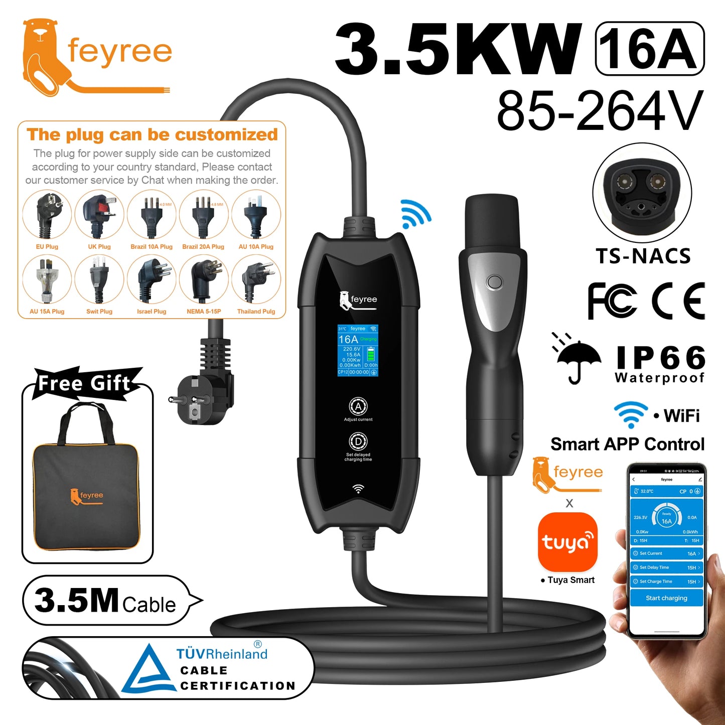 feyree EV Charger TS-NACS Socket 16A 3.5KW APP Control EVSE Portable Charging for Tesla Cars Models 3/Y/S/X Set Charge&DelayTime by 54 Energy - Renewable Energy Store