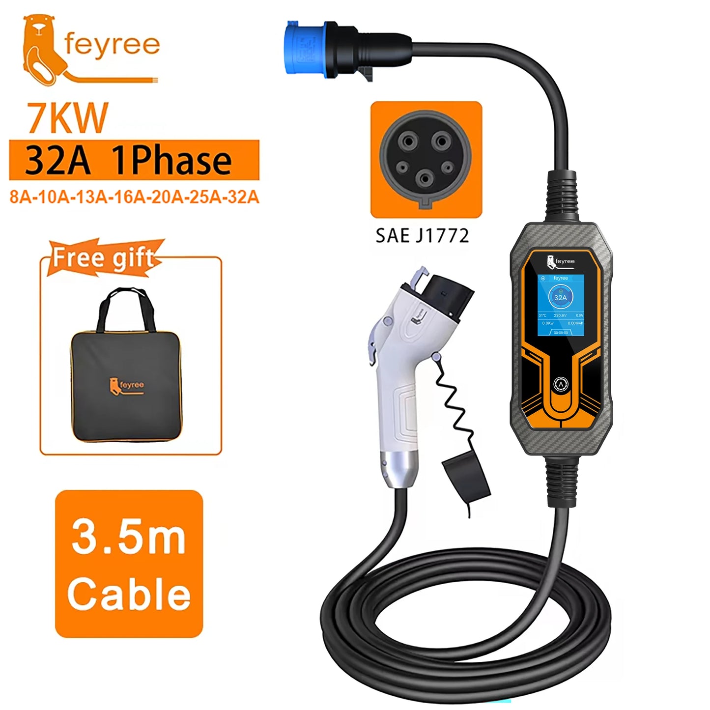 feyree Portable EV Charger Wallbox Type2 Cable 32A 7KW with CEE Plug EVSE Type1 Charging Box j1772 Adapter for Electric Vehicle by 54 Energy - Renewable Energy Store