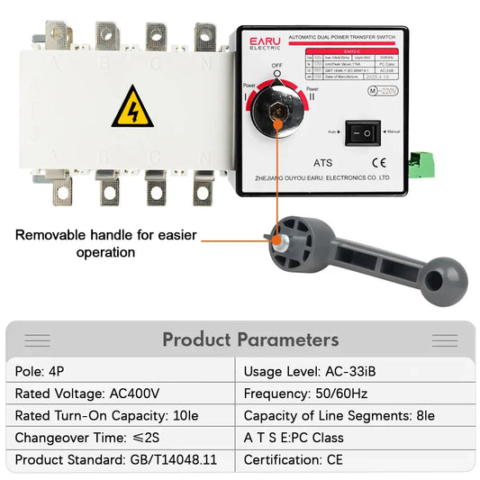 4P 250A AC400V ATS PC Automatic Transfer Switch Electrical Selector Switche Auto or Manual 2 Input 1 Output Uninterrupted Power