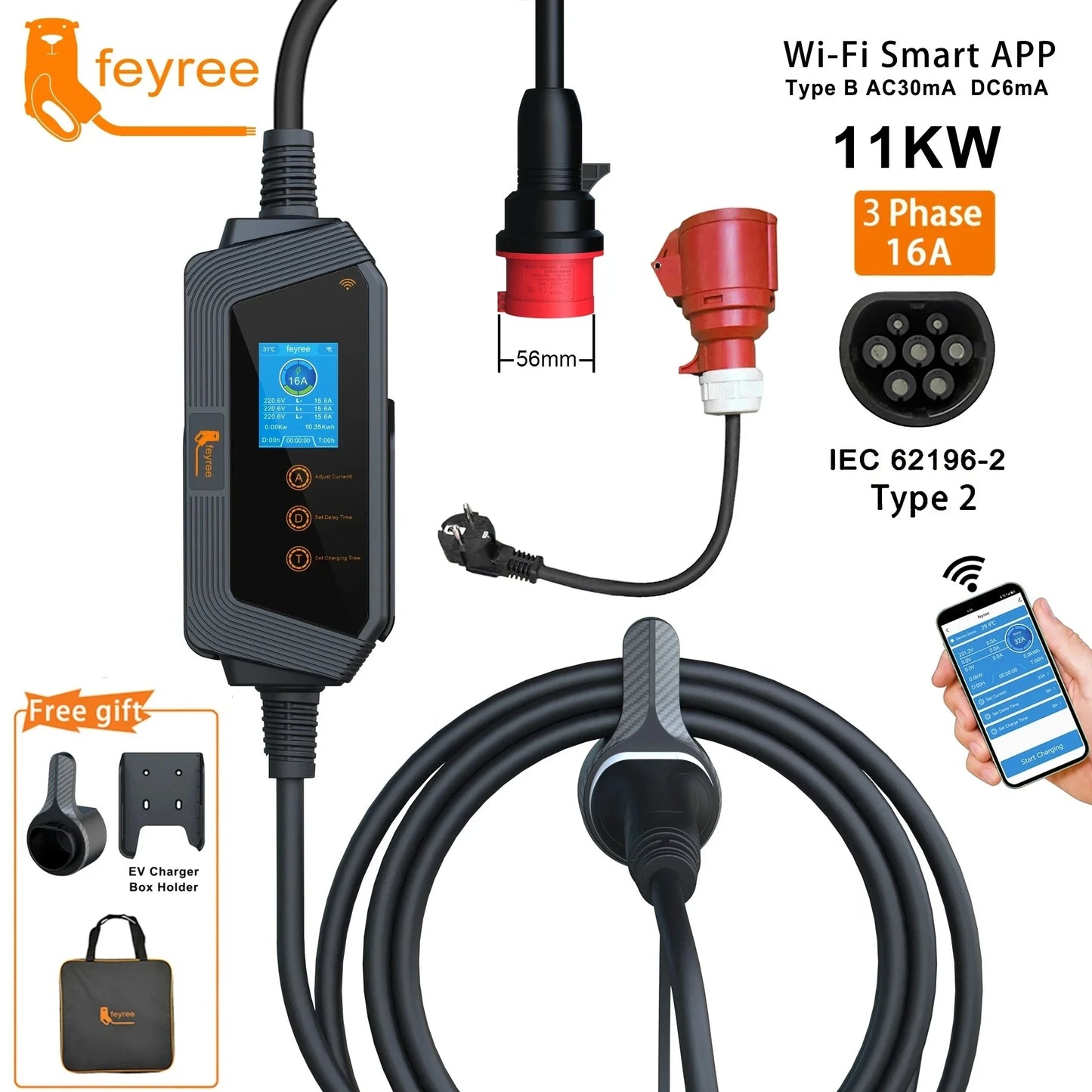 feyree Type2 11KW 16A 3Phase Portable EV Charger Car Charger Wi-Fi APP Control EVSE Charging Box CEE Plug for Electric Vehicle by 54 Energy - Renewable Energy Store