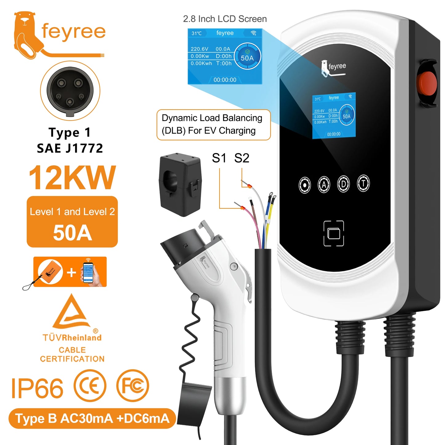 feyree DLB Function EV Charger Type1 EVSE Wallbox 32A 7.6KW 40A 9.6KW 50A 12KW 1P j1772 Adapter APP Control for Electric Vehicle by 54 Energy - Renewable Energy Store