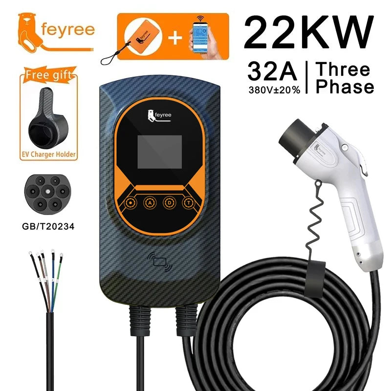 feyree EV Charger GB/T Socket EVSE Wallbox 32A 22KW 3Phase 16A 11KW Electric Vehicle APP Control Charging Station 7.6KW 5m Cable by 54 Energy - Renewable Energy Store