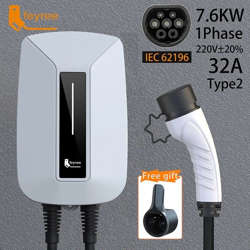 feyree EV Charger Type2 Plug EVSE Wallbox 32A 7KW IEC62196-2 Socket 1 Phase 5m Cable Wallmount Charging Station for Electric Car by 54 Energy - Renewable Energy Store
