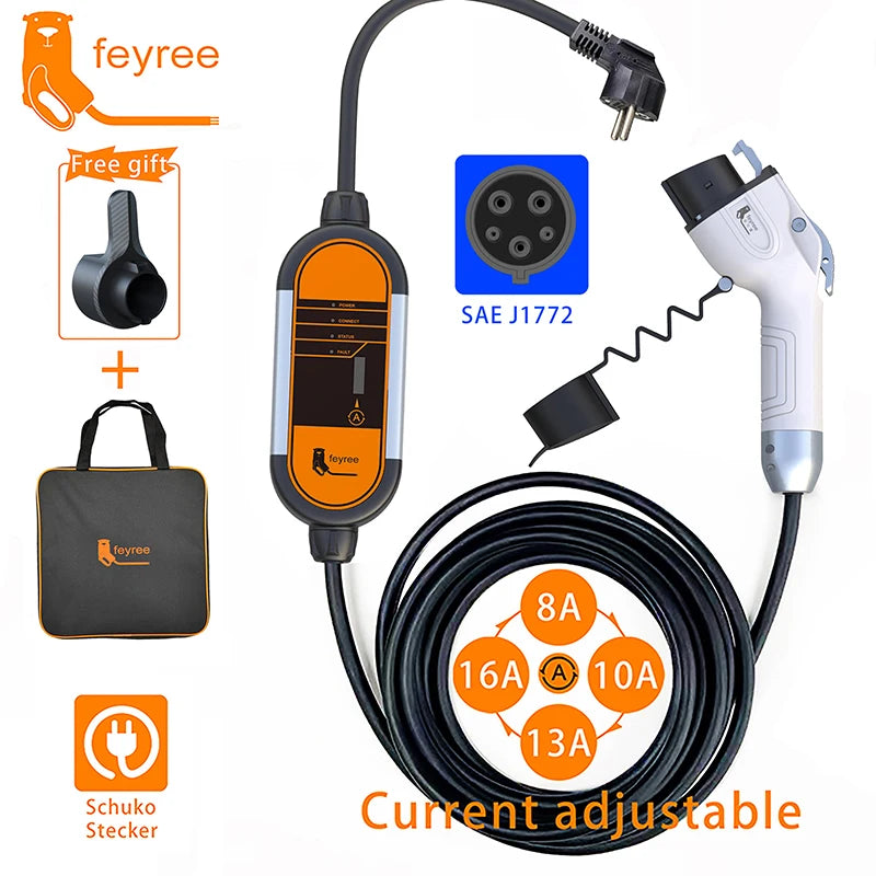feyree EV Portable Charger Type2 5m Cable 3.5KW 16A IEC62196 Socket 1Phase Type1 j1772 Socket with Schuko Plug for Electric Car by 54 Energy - Renewable Energy Store