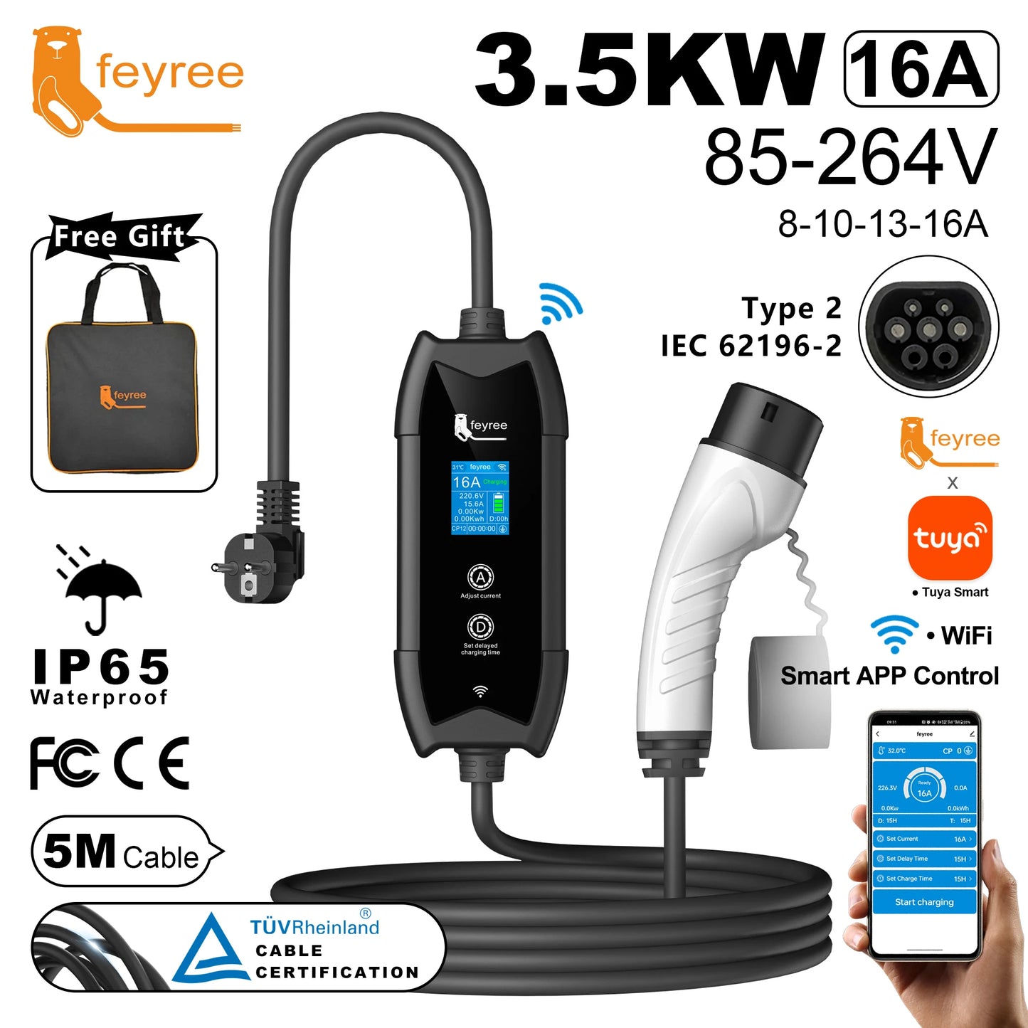 feyree Type2 EV Charger WIFI APP Control 16A 3.5KW GBT 5M Cable Type1 Portable Charging Box Set Charging&DelayTime for EV Cars by 54 Energy - Renewable Energy Store
