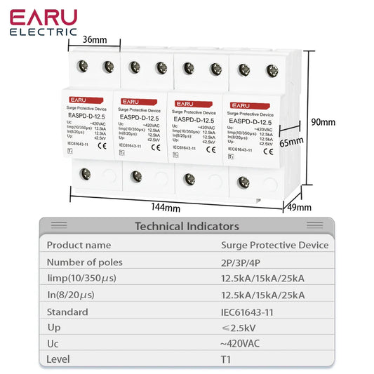 T1 Power Surge Protective Device SPD Arrester Low Voltage House 2P 3P 4P Surge Voltage Protection AC 420V 12.5KA 15KA 25KA