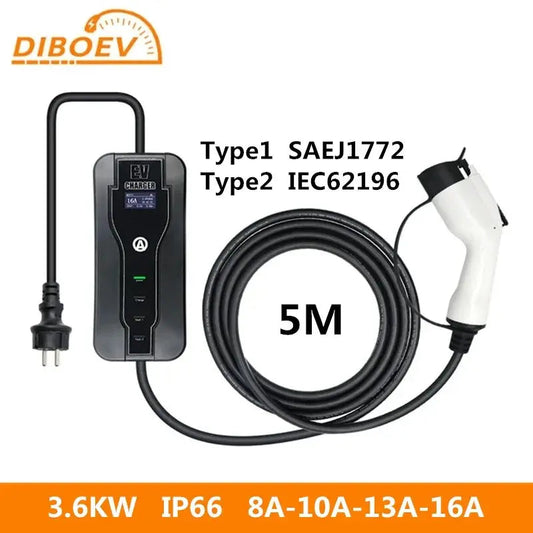 Car Portable EV Charger Electric Vehicle Type1 Type2 GBT Plug 16A 5M SAE J1772 IEC62196 EVSE Controller Charging Stations - 54 Energy - Renewable Energy Store
