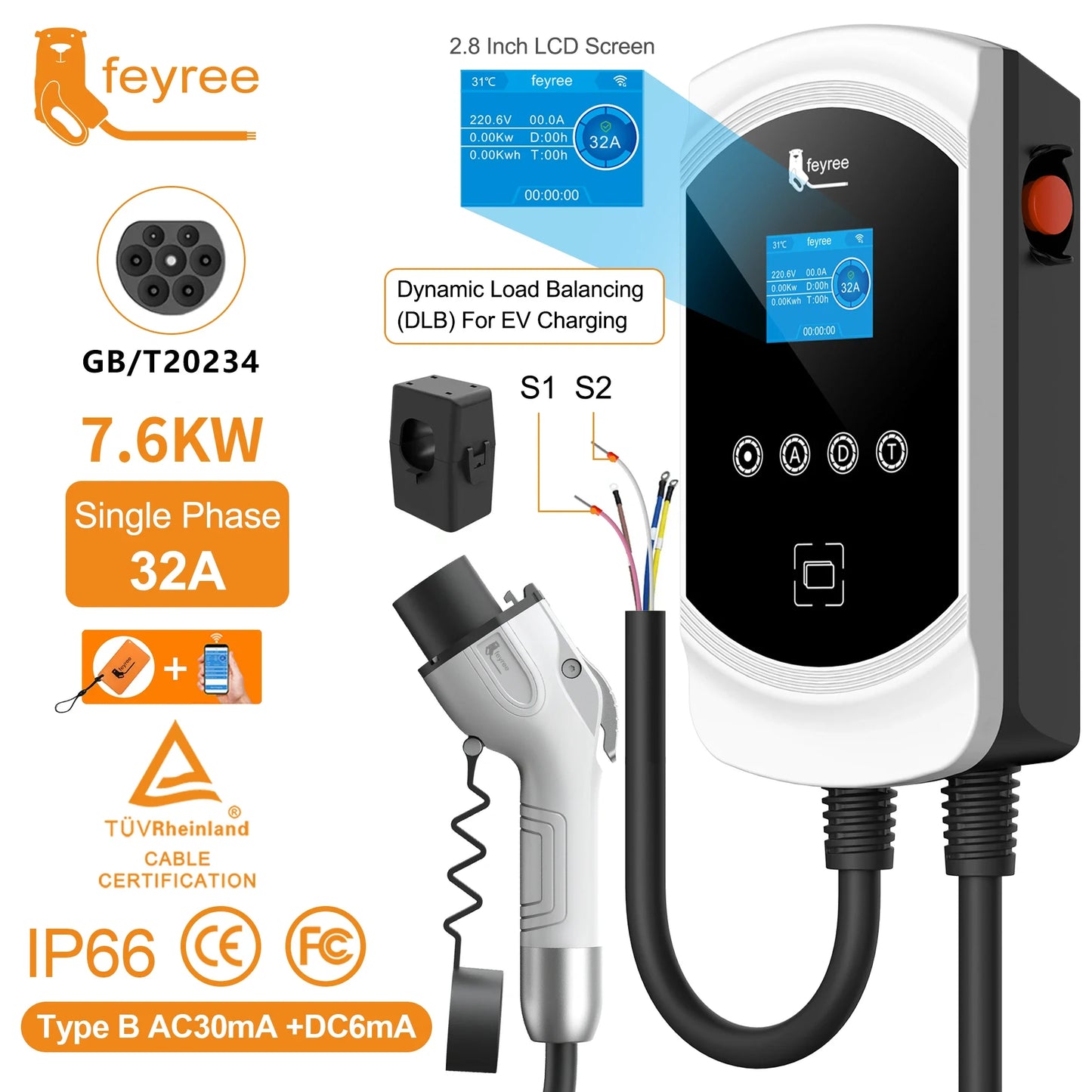 feyree GB/T Socket 32A 7KW 1P EV Charger 16A 11KW 3P 22KW APP Control DLB Charging Station for Electric Vehicle EVSE Wallbox by 54 Energy - Renewable Energy Store