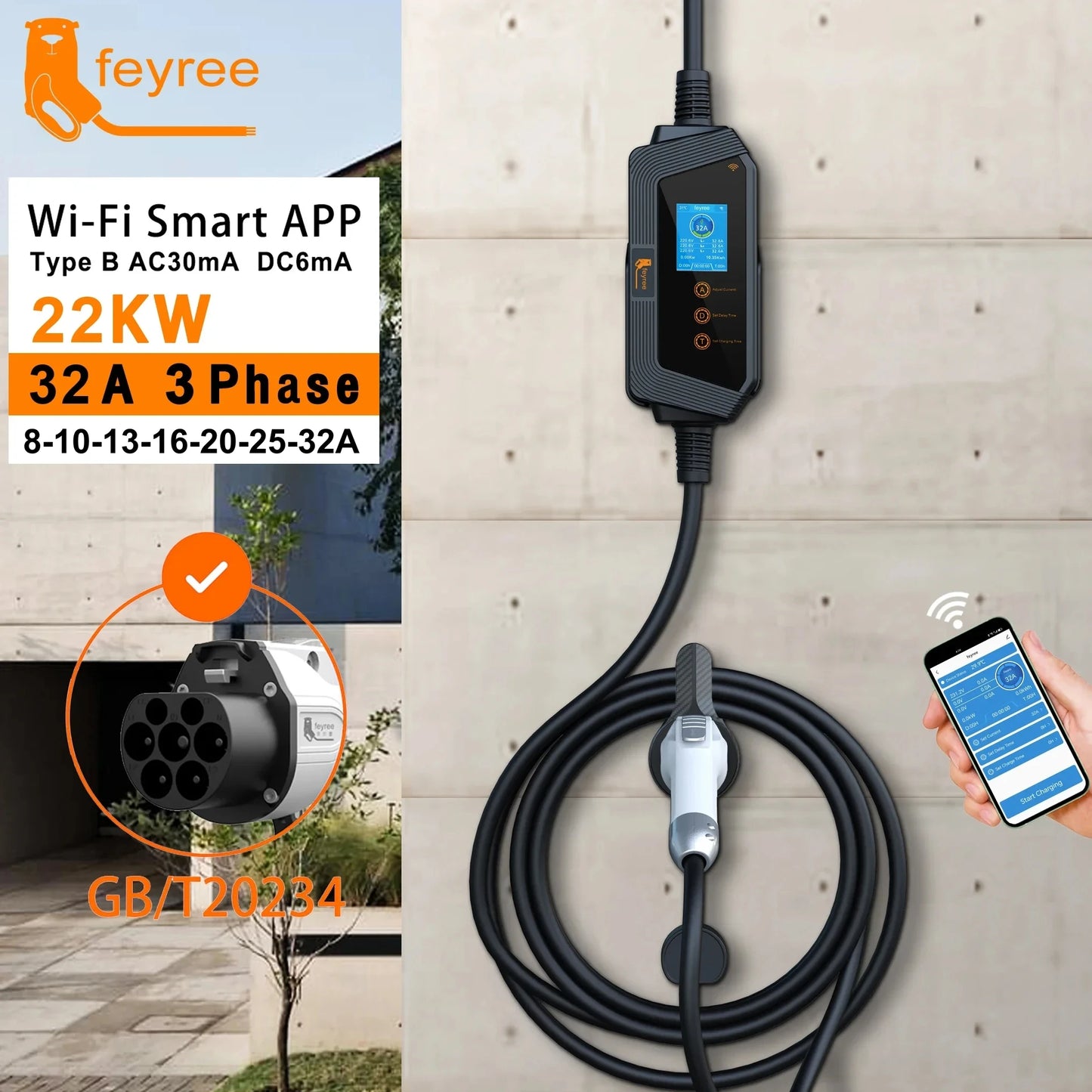 feyree Portable EV Charger GBT Plug Fast 22KW 32A 3Phase Adjusting Current Wi-Fi Smart APP Control Electric Car Charging Station by 54 Energy - Renewable Energy Store