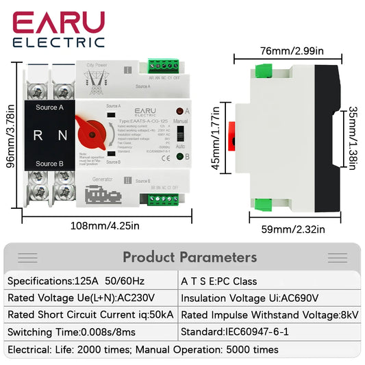 Monophasé sur rail DIN 2P 125A CA 230V Mini ATS Double Alimentation Commutateurs de sélection électriques à transfert automatique Alimentation ininterrompue