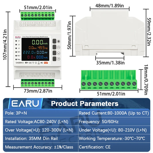 Compteur d'énergie intelligent bidirectionnel triphasé Tuya WiFi avec 3 pinces ampèremétriques, protection contre les fuites et les surtensions/sous-tensions, interrupteur de relais limiteur.