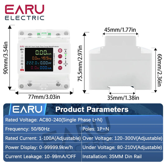 Tuya WiFi Compteur d'énergie intelligent bidirectionnel Compteur de puissance kWh Protection contre les fuites à la terre Surtension Sous-tension Minuterie Relais Commutateur de courant
