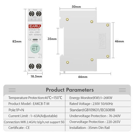 Tuya WiFi Smart Circuit Breaker MCB Timer 1P+N 63A Power Energy kWh Voltage Current Meter Protector Voice Remote Control Switch by 54 Energy - Renewable Energy Store