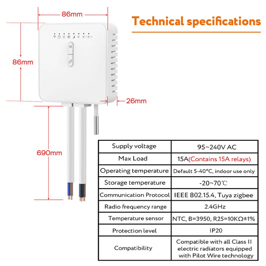 Thermostat intelligent Tuya ZigBee pour radiateur de chauffage à fil pilote, compatible avec la surveillance électrique Ecowatt, télécommande Alexa Google