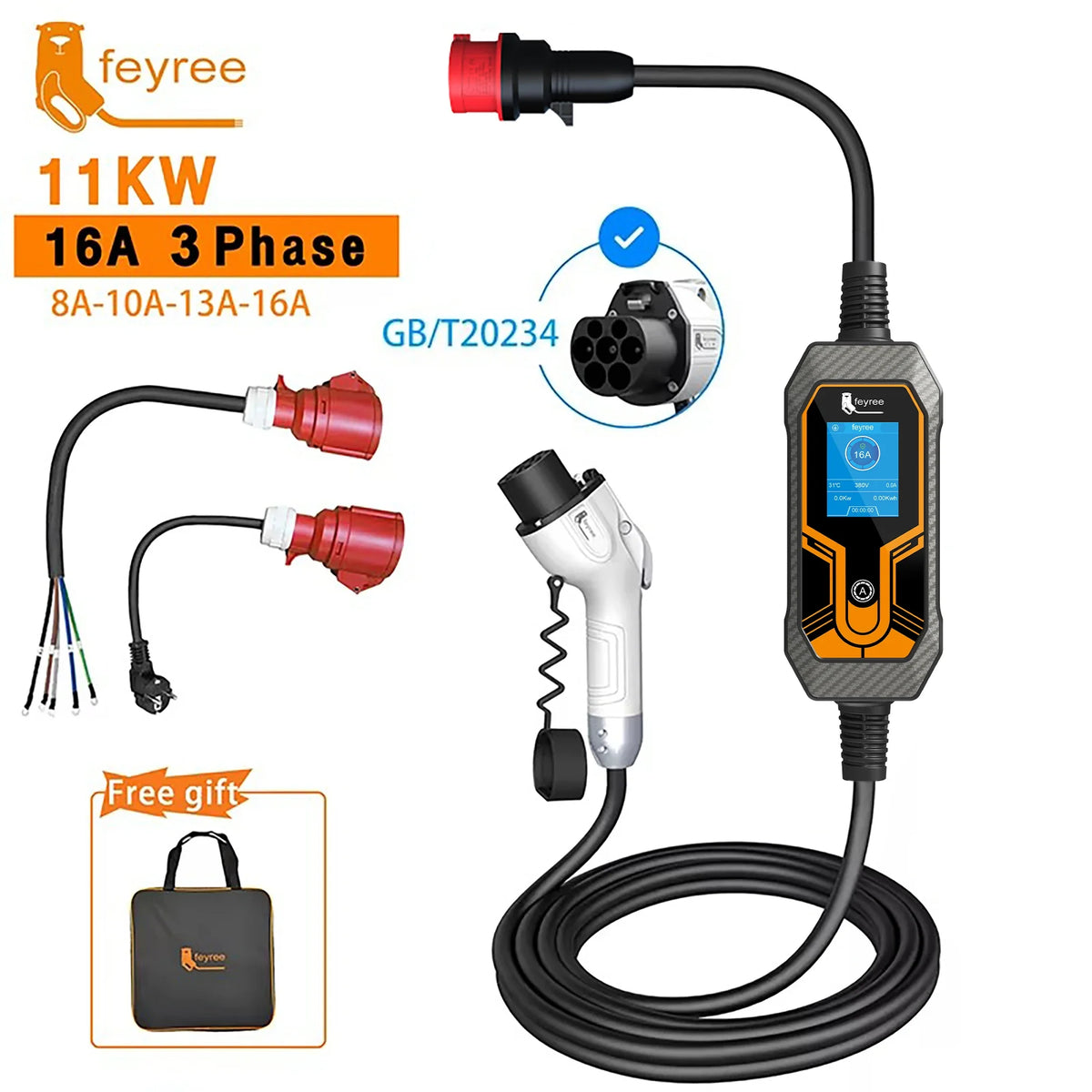 feyree 11KW 16A 3 Phase GB/T Cord EV Charger Adapter Portable Charging Box EVSE Car Charger with 5m Cable for Electric Vehicle by 54 Energy - Renewable Energy Store
