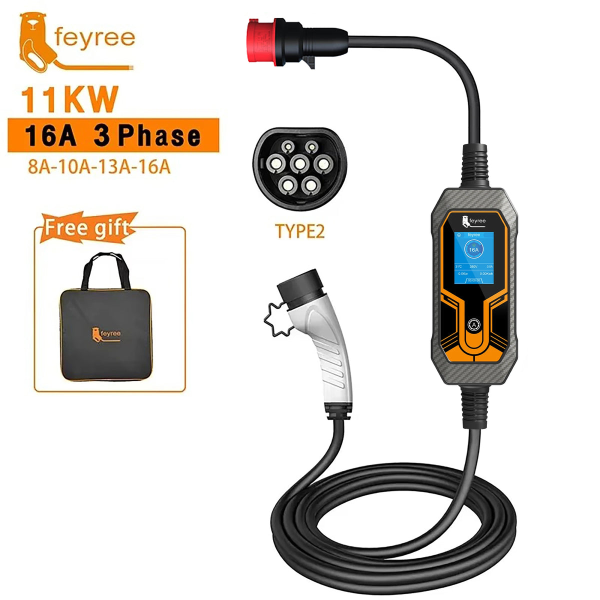 feyree 11KW Type2 Cable 16A 3Phase EV Portable Charger 32A 7KW EVSE Charging Box 5M Cable CEE Male Plug for Electric Car Charger by 54 Energy - Renewable Energy Store