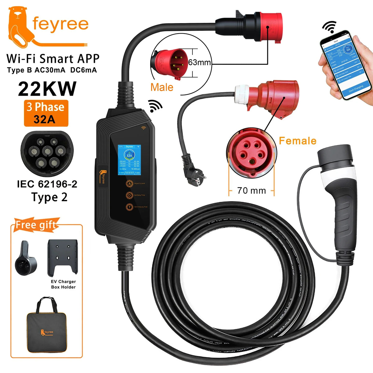 feyree 22KW 32A 3Phase Type2 EV Charger Wi-Fi APP Control EVSE Portable Charging Box Charging Station for Electric Car Charger by 54 Energy - Renewable Energy Store