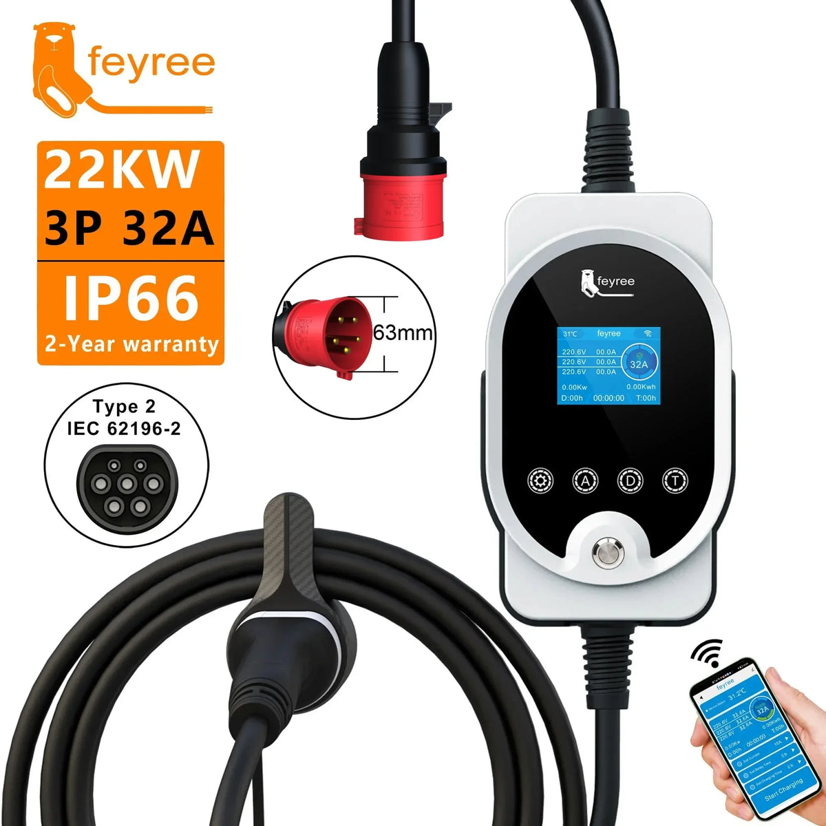 feyree 22KW Type2 Cable EVSE Wallbox & Portable EV Charger 32A 3Phase Wi-Fi APP Smart Fast Charging Station for Electric Vehicle by 54 Energy - Renewable Energy Store