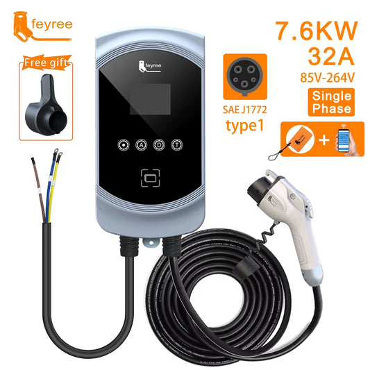 feyree EV Charger Type1 Cable j1772 Socket 32A 40A 50A Single Phase EVSE Wallbox Charging Station APP Control for Electric Car by 54 Energy - Renewable Energy Store