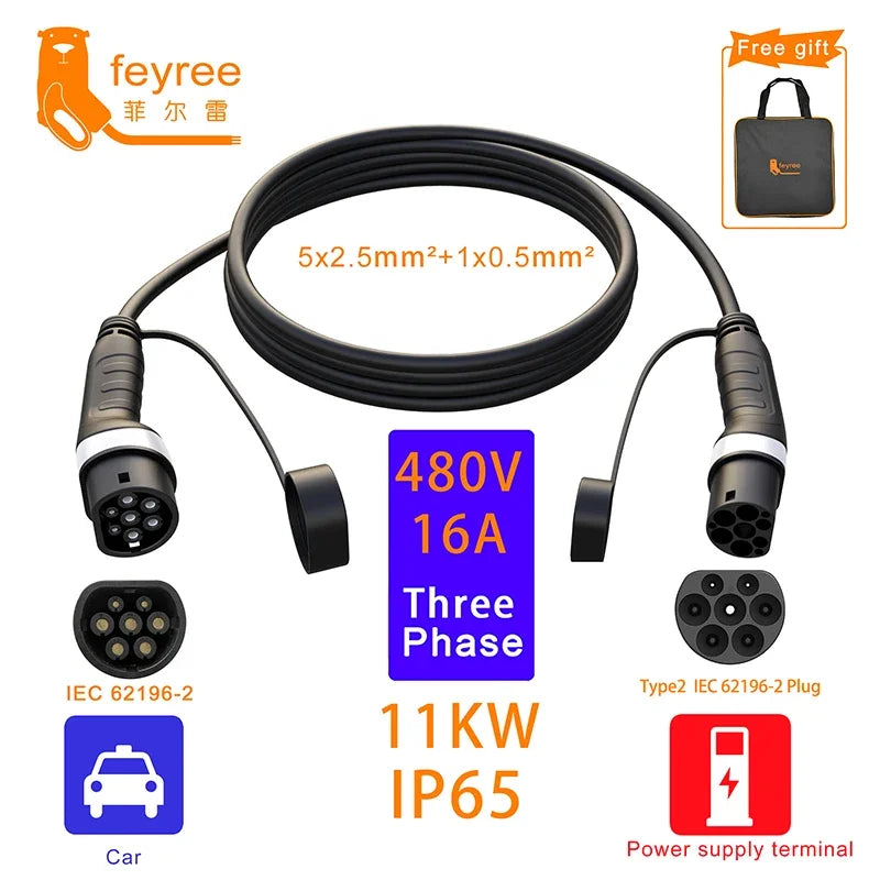 feyree EV Charger Type2 to Type2 Charging Cable 32A 7KW 1Phase 16A 3.5KW 11KW 22KW 3Phase Charger Station for Electric Vehicle by 54 Energy - Renewable Energy Store